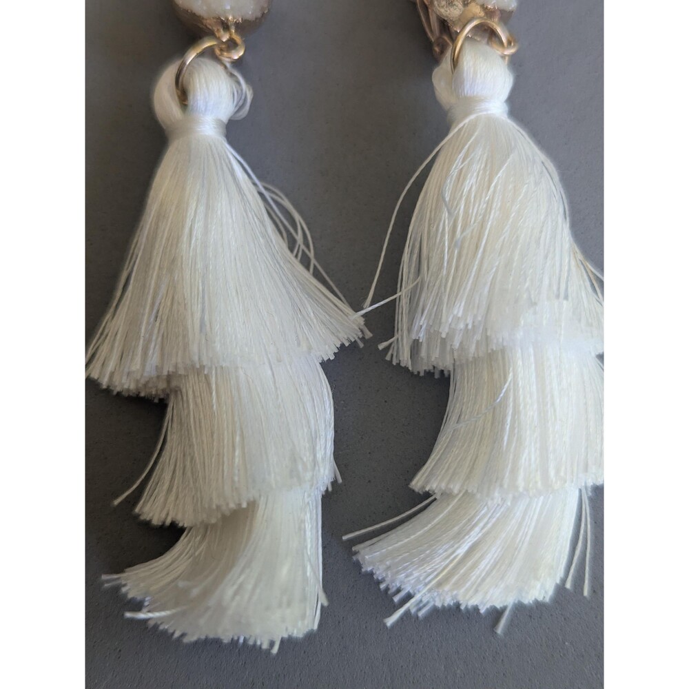 Vintage White Tassel Clip On Earrings Faux Druzy Boho Bridal Statement